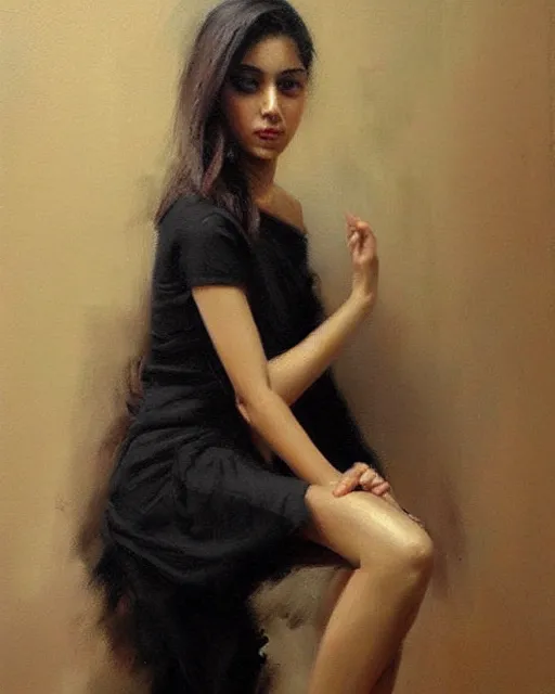 Image similar to beautiful portrait painting an gorgeous delhi girl wearing a little black dress, oil painting, art by ruan jia