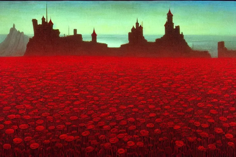 Image similar to only with red, red flowers of different types, a castle in the background, red orcs and trolls dance over the flowers, in the style of beksinski, part by hopper, part by rodcenko, part by hofbauer, intricate composition, red by caravaggio, insanely quality, highly detailed, masterpiece, red light, artstation