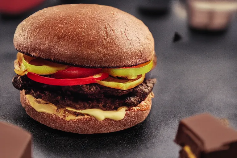 Prompt: Photography of an Hamburger made of chocolate, photo-realistic, 8k, high detail, high resolution