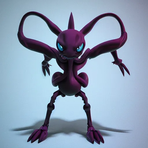 Image similar to 3 d render, menacing, anatomical, pokemon, mewtwo, mixed with 3 d heartless from kingdom hearts, square enix, high definition, full body, video game art, 3 d, octane render, redshift, cycles, dynamic 3 d lighting, 3 d sculpt, dark, bright glowing eyes, smooth