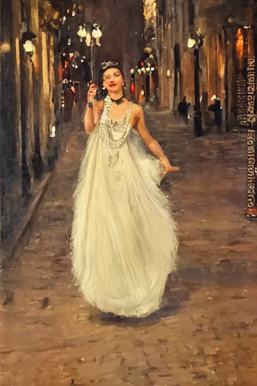 Prompt: a dancer dressed in a very elegant dress, with beautiful bohemian details, in the center of a paris street, city lights, oil on canvas