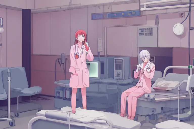 Image similar to a beautiful young female doctor wearing white coat are talking with a nurse wearing pink coat in a hospital ward, highly detailed, 8kHDR, slice of life anime, anime scenery by Makoto shinkai