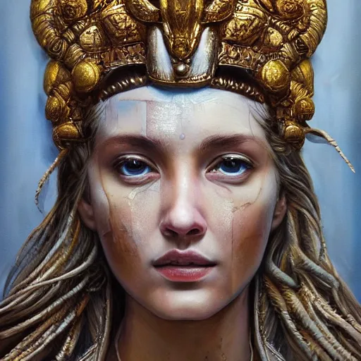 Image similar to hyperrealistic mixed media painting of beautiful goddess Athena, stunning 3d render inspired art by P. Craig Russell and Barry Windsor-Smith, perfect facial symmetry, dim volumetric lighting, 8k octane beautifully detailed render, post-processing, portrait, extremely hyper-detailed, intricate, epic composition, brown eyes, cinematic lighting, masterpiece, trending on artstation, very very detailed, masterpiece, stunning