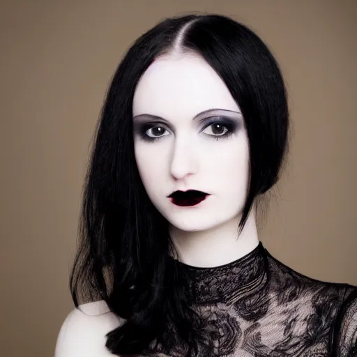 Prompt: a beautiful close - up shot of a goth woman, black hair, pale skin, sensual, beautiful soft light failling on her face, studio photography, in the style of victoria frances