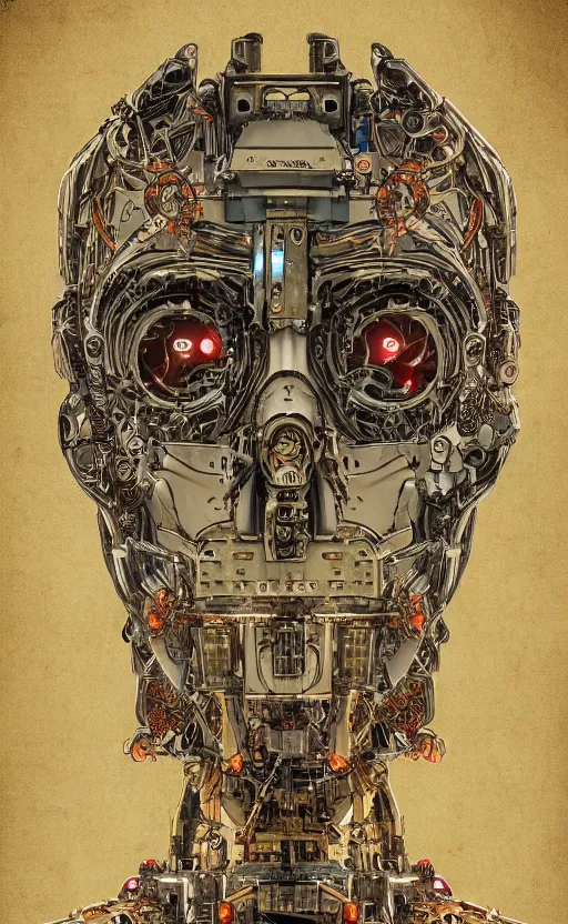 Image similar to anatomy of the terminator, robot, cyborg, t100, bloodborne diagrams, mystical, intricate ornamental tower floral flourishes, rule of thirds, technology meets fantasy, map, infographic, concept art, art station, style of wes anderson