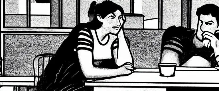 Prompt: man and woman talking quietly in a diner, over the shoulder shot, storyboard panel, eye level, black and white marker