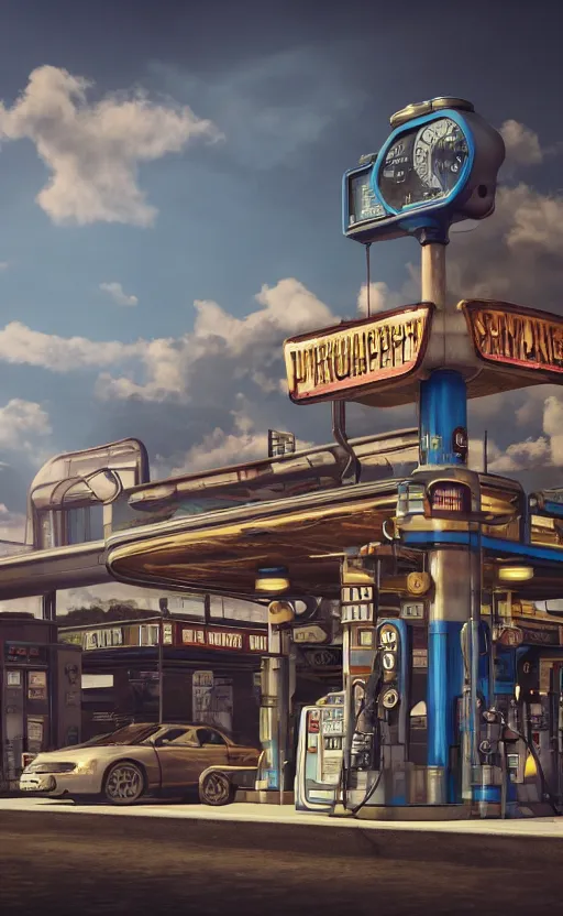 Image similar to steampunk gas station, 4 k, polished, photorealistic, hard edges, zoomed in, very coherent, sharp focus, rim light, exquisite lighting, blue gradient, hard edges, sci - fi, cinematic, octane render