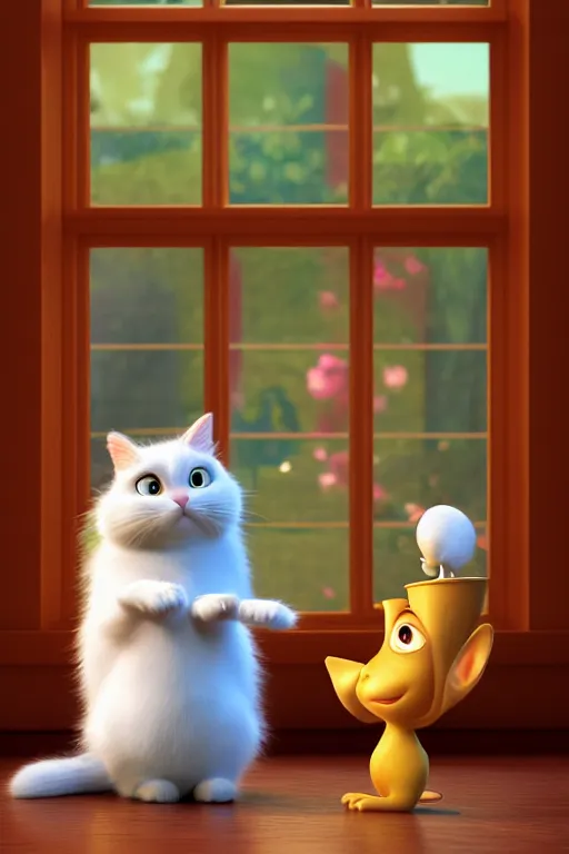 Prompt: portrait of fluffy cat holding with paw the teacup inside the house and window in background, full body. pixar disney 4 k 3 d render funny animation movie oscar winning trending on artstation and behance, ratatouille style