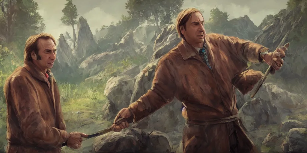 Prompt: photo of saul goodman in the stone age, painting by ying yi, artstation