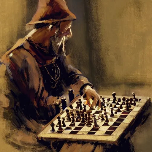 Image similar to portrait of man in medieval clothes playing chess, detailed by greg manchess, craig mullins, bernie fuchs, walter everett