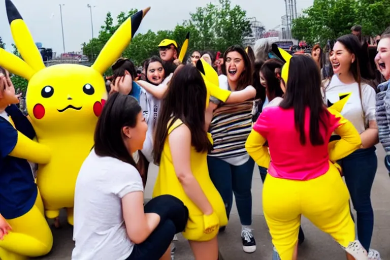 Prompt: a group of young woman are crowded around a life size pikachu and they looking directly it and they are laughing at it