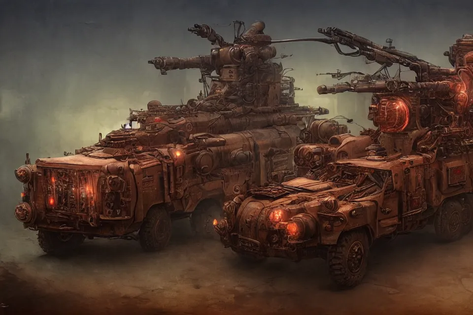 Image similar to steampunk style military vehicle with guns, red neon lights, by HR Giger and Beksiński and Stephan Martiniere , 4k resolution, detailed, trending on artstation