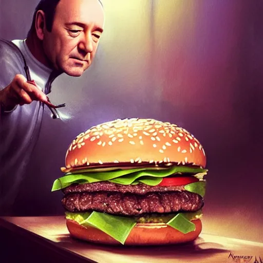 Prompt: Kevin Spacey eating a mcdonald's big mac hamburger, dripping BBQ Sauce, serving burgers, intricate, elegant, feminine ethereal, hearthstone, D&D, magical mystical, highly detailed, digital painting, artstation, concept art, matte, sharp focus, hyperreal, art by Artgerm and Greg Rutkowski and Alphonse Mucha