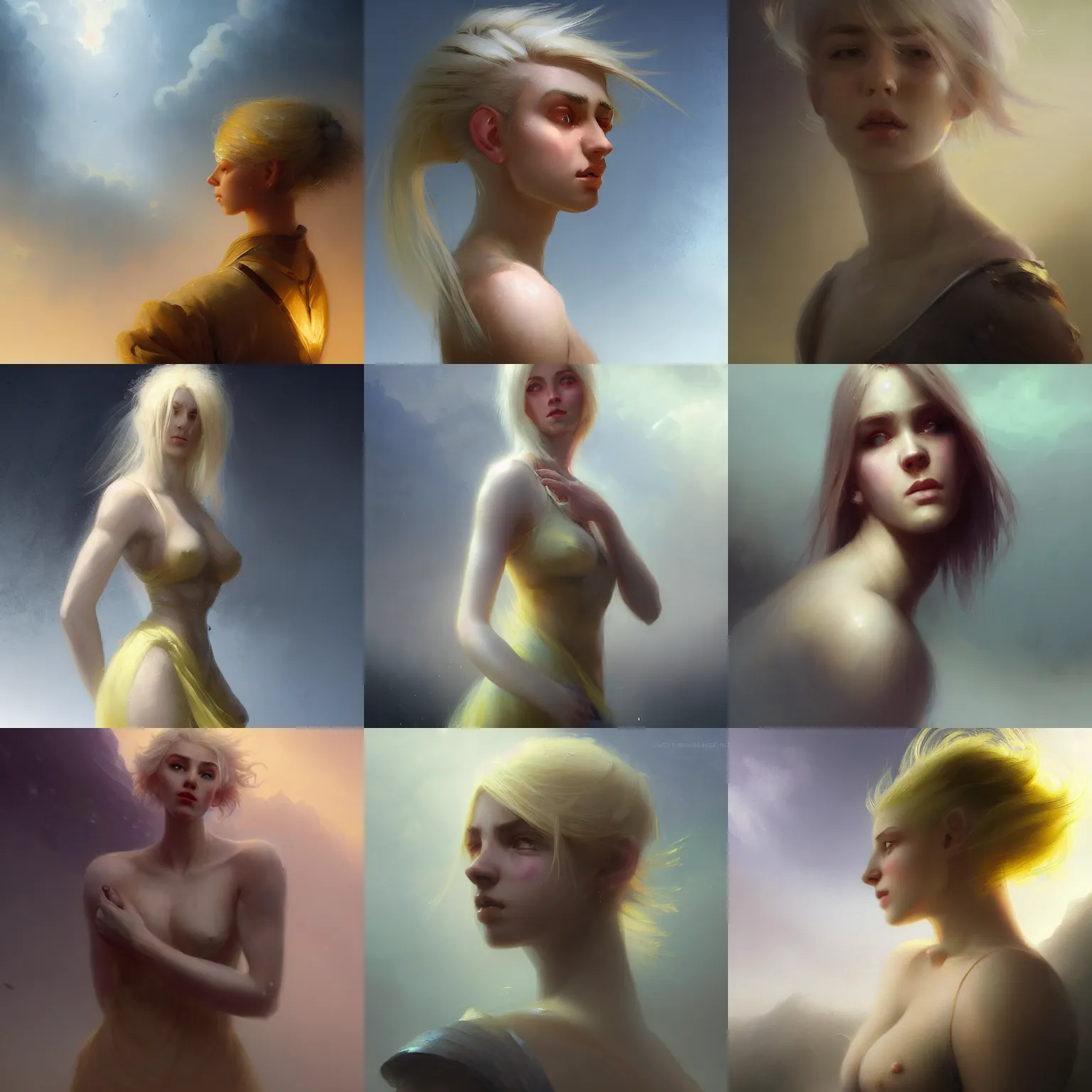 Prompt: portrait an handsome young woman with short messy yellow hair, sweaty skin, tall muscular build, fantasy, rough clothing, beautiful, broad light, ambient occlusion, volumetric light effect, made by ivan aivazovsky, peter mohrbacher, greg rutkowski, matte painting, 4 k, defined features, digital painting,