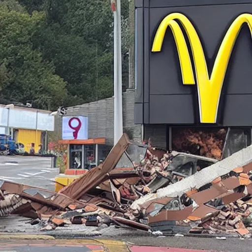 Prompt: huge fat man falls on mcdonalds and destroys the building with his weight