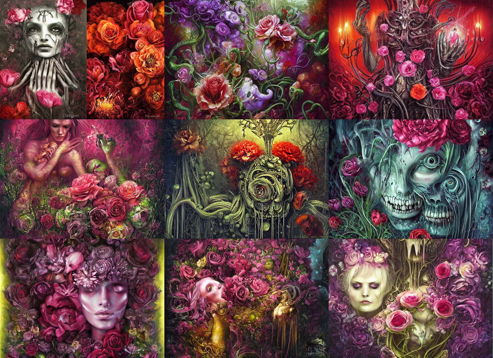 Prompt: elegant flowers necronom v painting by lise deharme and hr giger, vibrant color scheme