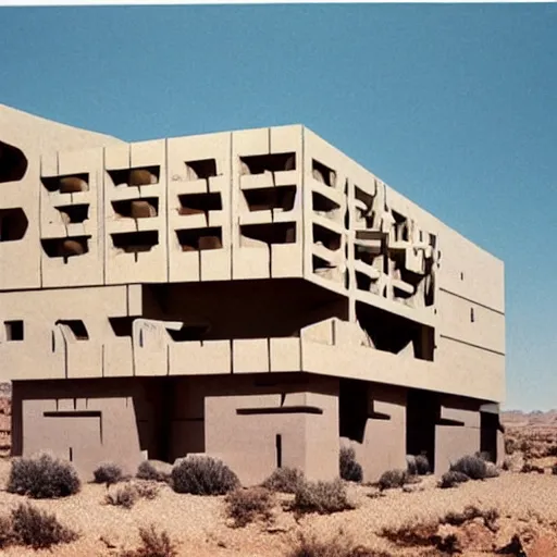 Image similar to big scale baby toy hotel in the dessert, brutalism