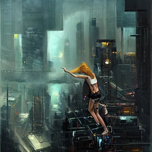 Image similar to “ a girl standing on a ledge looking down at a futuristic new york city below, ghostpunk, storm clouds, very detailed, by craig mullins ”