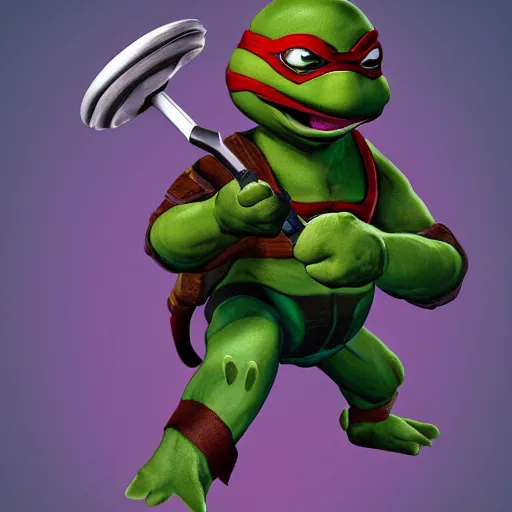 Image similar to teenage mutant ninja turtle with frying pan, wearing chef hat, frying nails, volumetric lighting, realistic, photo, artstation