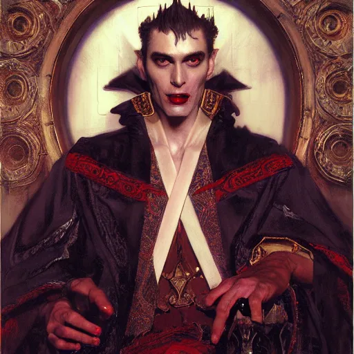 Image similar to perfectly centered portrait of attractive vampire king in a robe sitting on a throne of bones, highly detailed painting by gaston bussiere, craig mullins, j. c. leyendecker, 8 k