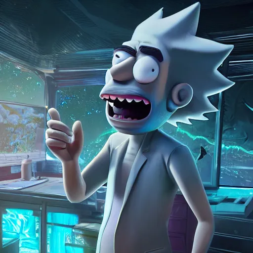 Image similar to full body pose, hyperrealistic photograph of rick sanchez from rick and morty, dim volumetric lighting, 8 k, octane beautifully detailed render, extremely hyper detailed, intricate, epic composition, cinematic lighting, masterpiece, trending on artstation, very very detailed, stunning, hdr, smooth, sharp focus, high resolution, award, winning photo, dslr, 5 0 mm