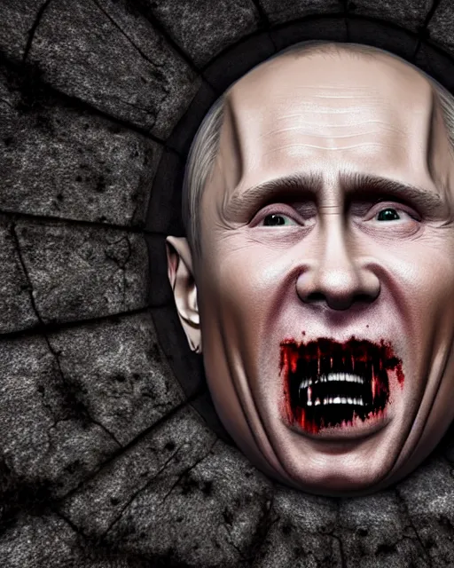 Prompt: hyper-realistic image of Putin shot dead in front of a bunker, scary, weird, surprising, worms on face, sharp focus, cinematic lighting, illustration, art, octane render