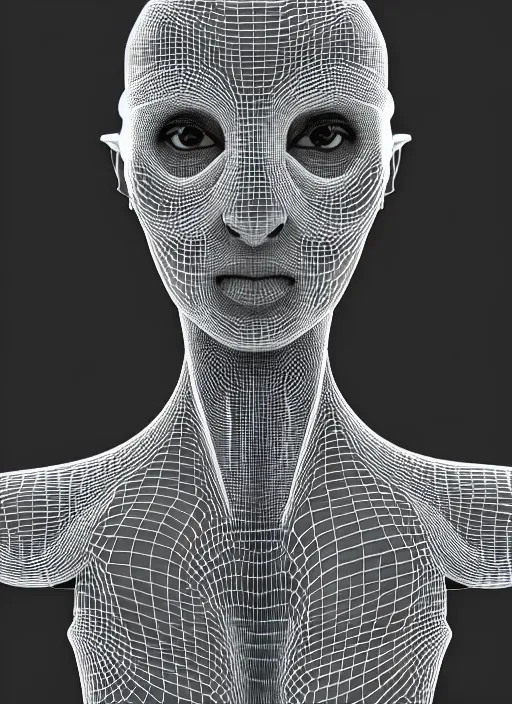 Image similar to a black and white 3D render of a beautiful portrait of a young female angelic-dragon-cyborg face with a very long neck, 150 mm, orchids, Mandelbrot fractal, anatomical, flesh, facial muscles, veins, arteries, full frame, microscopic, elegant, highly detailed, flesh ornate, elegant, high fashion, rim light, ray trace, octane render in the style of H.R. Giger and Man Ray, Realistic, Refined, Digital Art, Highly Detailed, Cinematic Lighting, rim light, black and white, photo-realistic Unreal Engine, 8K