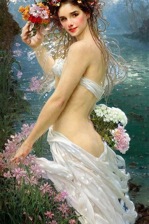 Image similar to portrait of a beautiful woman wearing a white dress, holding a bouquet of flowing flowers, drenched body, wet dripping hair, emerging from the water, fantasy, regal, fractal crystal, fractal gems, by stanley artgerm lau, thomas kindkade, alphonse mucha, loish, norman rockwell