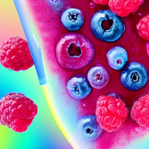 Prompt: raspberry, blueberry, vanilla smoothie, intricate complexity, inverted neon rainbow drip paint, trending on art station, photoreal, 8 k, octane render