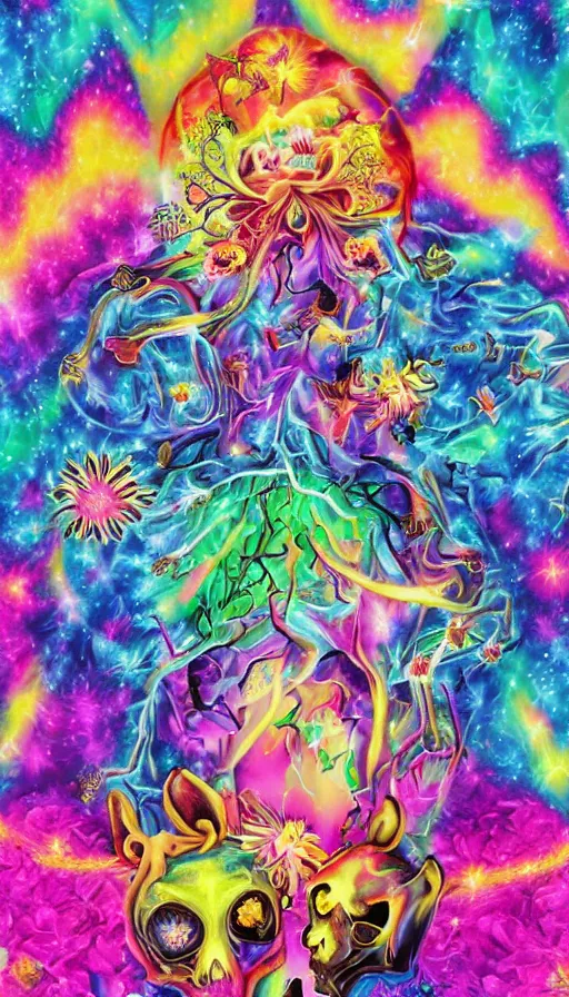 Image similar to life and death mixing together, by lisa frank,