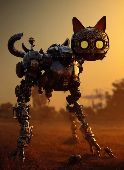 Prompt: giant robot cat on a dusky land, cinematic shot, intricate, ornate, photorealistic, ultra detailed, realistic, 1 0 0 mm, photography, octane, high definition, depth of field, bokeh, 8 k, artstation