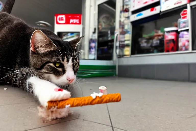 Image similar to cat with a cigarette in its mouth in 7 - eleven wide angle lens