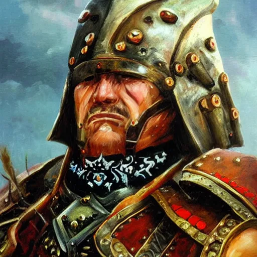Prompt: a russian warrior who is wearing iron gauntlets in the shape of bear claws in the style of warhammer fantasy : : head and shoulders oil painting