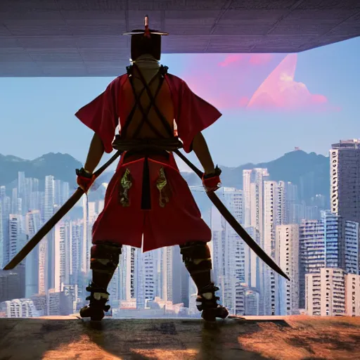 Image similar to a samurai cavalry batallion an abandoned ruined hong kong in the background, very detailed 8 k, neon cyberpunk fantasy style, end of the world, unreal engine render, global illumination, ray tracing, octane render, rtx, path tracing, enhanced, by julian calle, trending on artstation