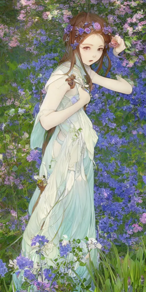 Prompt: a digital art of a loli with long hair in a dress in the privet garden at after noon, green and warm theme, blue flowers accents, back lighting, by krenz cushart and mucha and akihito yoshida and greg rutkowski, highly detailed, 4 k resolution, trending on art station