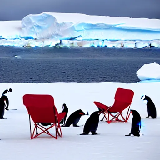 Image similar to a red camping chair in the middle of antarctica. the chair is far away from the camera and the chair is surrounded by a group of penguins.