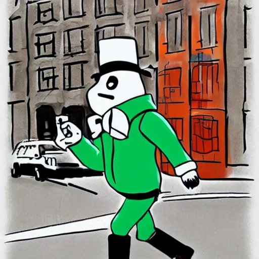 Prompt: the stay puff marshmallow man wearing timberland shoes and hat while smoking a joint and walking in new york city, digital art