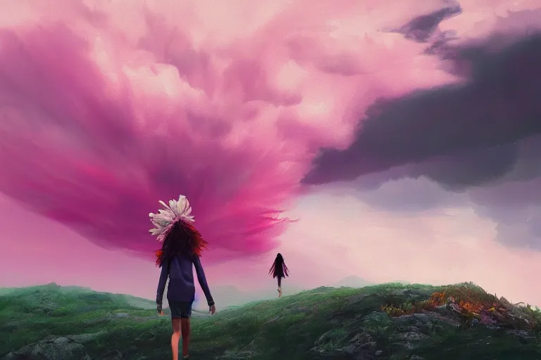 Image similar to giant dahlia flower head, girl walking on mountain, surreal photography, pink storm clouds, dramatic light, impressionist painting, digital painting, artstation, simon stalenhag