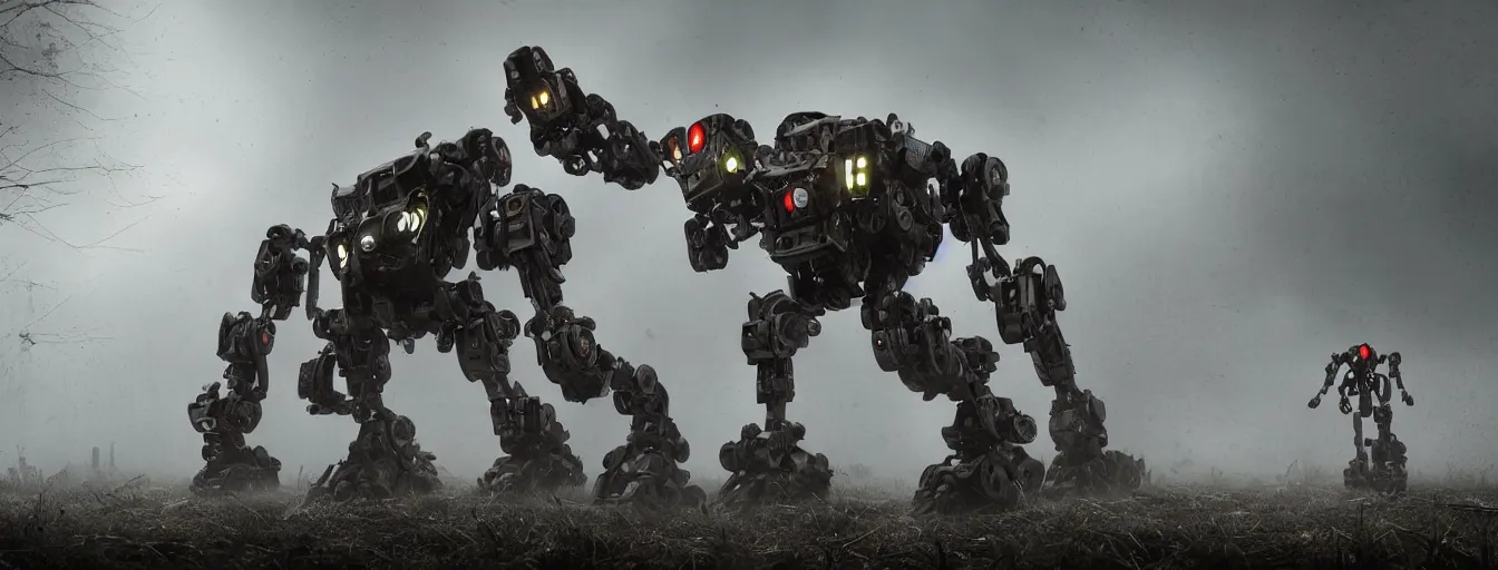 Image similar to image of terrific and creepy gigantic 8 - leg spider mech robot with volumetric lights, running and hunting remaining humans in a heavy rainy post - apocalyptic world, high detail, dramatic moment, motion blur, ground fog, dark atmosphere, saturated colors, by james paick, render unreal engine - h 7 0 4