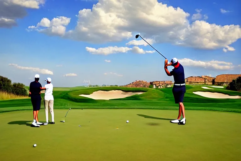 Image similar to Three golfers on beautiful driving range, Italian futurism