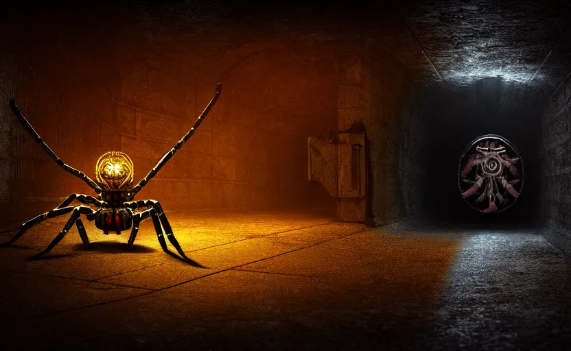 Image similar to mechanical spider in a large dimly lit sewer, ultra detailed digital art, fine drawing, hyper real, 4 k, moody lighting, warm colors