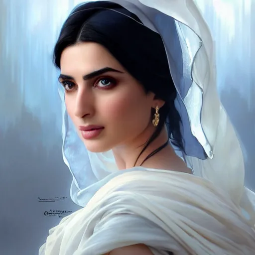 Prompt: a Photorealistic dramatic hyperrealistic,Crystal blue eyes arab ameera al taweel with black hair, white veil, elegant, direct contact, face focus, by WLOP,Artgerm,Greg Rutkowski,Alphonse Mucha, Beautiful dynamic,shadows,Artstation,concept design art,Octane render,8K