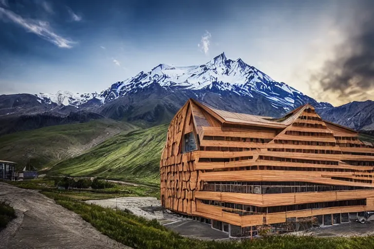 Image similar to architecture photo modern fachwerk wooden giant opera building settlement with Elbrus mountain on the background, architecture, photorealism 8k , shining and happy atmosphere, uplight, high details