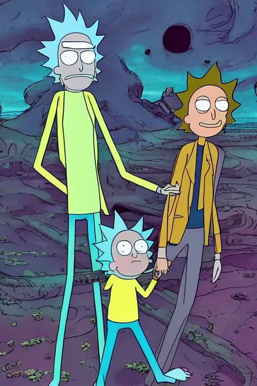 Image similar to a kodak photograph of rick and morty, creepy aesthetic,