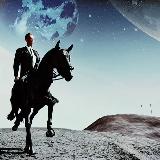 Image similar to real vintage photo, agent smith from the matrix riding a horse on moon, detailed, hyper realistic, 4 k octan render, unreal 5