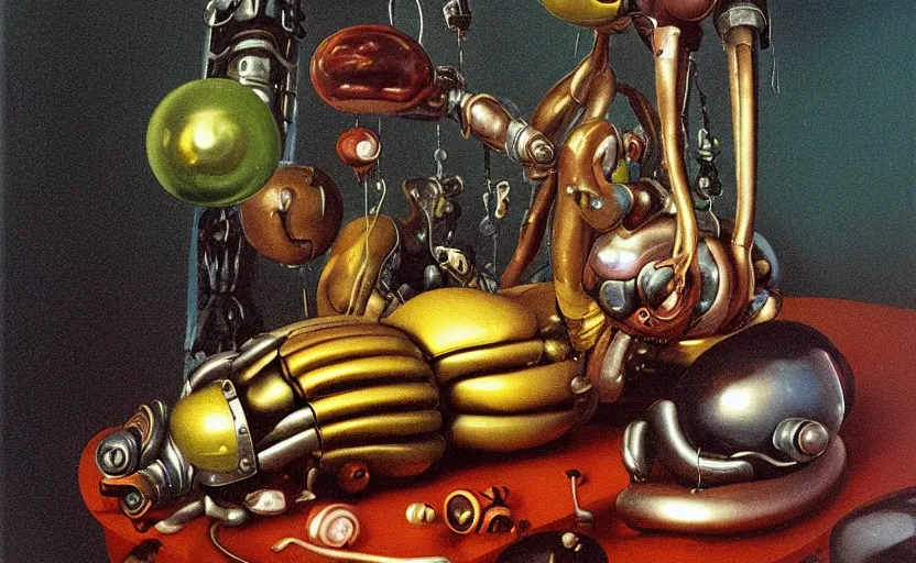 Image similar to strange seductive futuristic robot body, enticing colorful oil painting dutch golden age vanitas still life sparse composition with bulbous objects strange gooey transparent surfaces shiny metal reflections bizarre mutant meat insects rachel ruysch dali todd schorr very detailed perfect composition rule of thirds masterpiece canon 5 0 mm, cinematic lighting, photography, retro, film, kodachrome