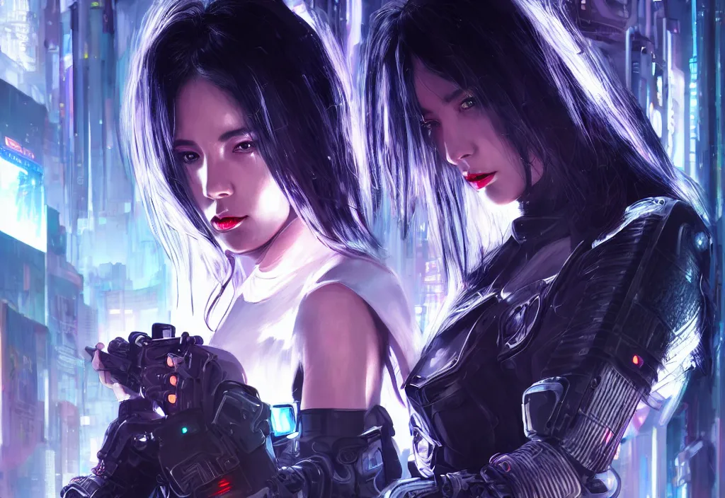 Image similar to portrait holy dark grey hair of futuristic police girl, black armored uniform, at cyberpunk reflected tokyo night, ssci - fi and fantasy, neon light, intricate and very very beautiful, highly detailed, digital painting, artstation, concept art, smooth and sharp focus, illustration, art by tian zi and wlop and alphonse mucha