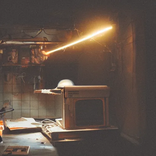 Image similar to cyborg toaster oven repairman, dark messy smoke - filled cluttered workshop, dark, dramatic lighting, orange tint, sparks, cinematic, highly detailed, sci - fi, futuristic, movie still