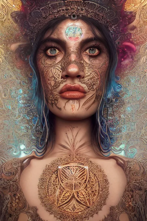 Image similar to a centered render of an mytical festival hippy with tribal tattoos wearing intricate metallic clothing surrounded by a underwater ink pour and flowing liquid gallium and sacred geometry, perfect body and face, gorgeous, cinematic, beautifully lit, by tom bagshaw, by karol bak, by donato giancola, 3 d, trending on artstation, octane render, 8 k