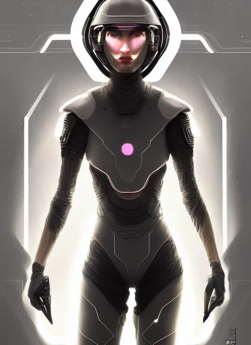 Image similar to symmetry!! portrait of side!! of a female character with helmet fantasy, sci - fi, tech wear, glowing lights!! intricate, elegant, highly detailed, digital painting, artstation, concept art, smooth, sharp focus, illustration, art by julian del rey and daryl tan